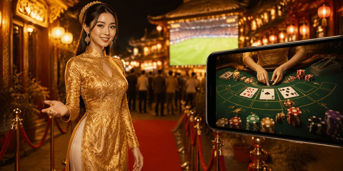 Người chơi trong trang phục áo dài thưởng thức Baccarat trực tuyến tại Huế